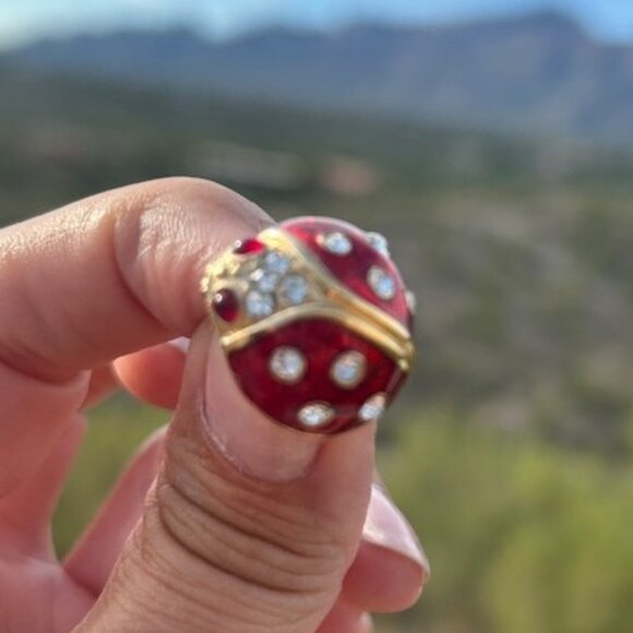 KREMENTZ Gold Ladybug Red Enamel Clear Rhinestone Pin BROOCH - Picture 2 of 10